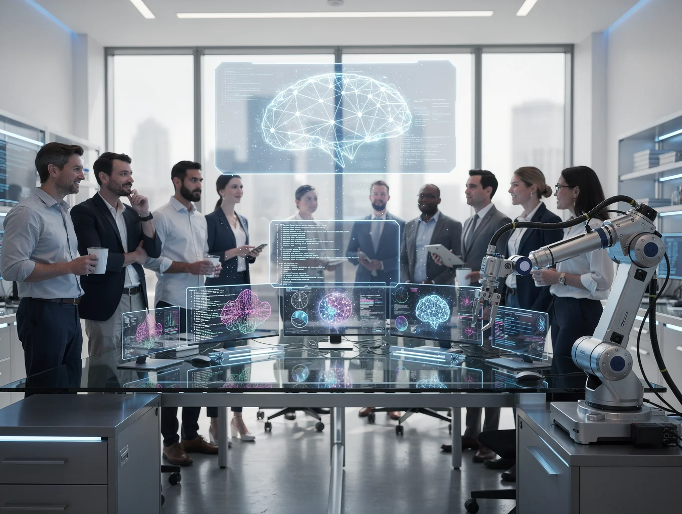 Engineers reviewing complex neural network code